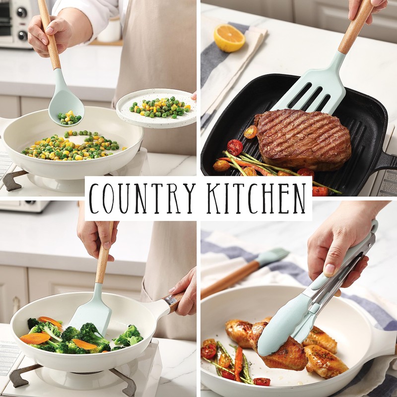 Country Kitchen Non Stick Silicone Utensil Set with Rounded Wood