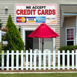 Cartel de vinilo con texto en inglés "We Accept Credit Cards Restaurant, Cafe, Bar, Marketing, Publicidad, Rojo, 12 x 30 pulgadas, 4 ojales, una pancarta