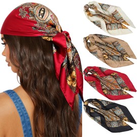 AWAYTR 27.5” Silk Satin Square Head Scarf - 4PCS Satin Head Scarves for Women Hair Kerchief Bandanas Sleeping Head Wraps (Cashew(Red/Black/Camel/White))