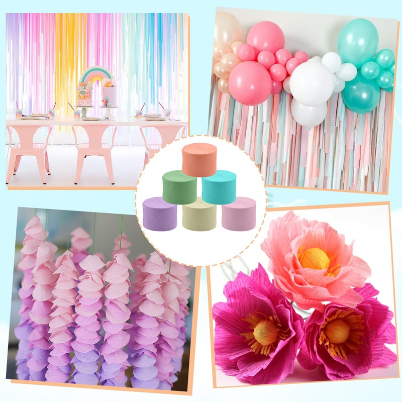 ZOCONE Crepe Paper 6 Rolls 150 m, Crepe Ribbons Rainbow,