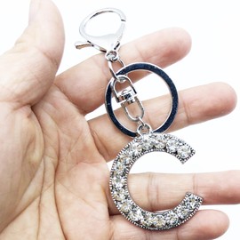 Xsclpomddy Alphabet Letter Key Ring Cute Key Ring Glitter Stones Silver Keychain for Bag Charm, c