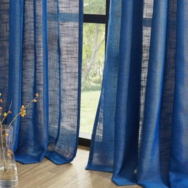 FMFUNCTEX Linen Semi Sheer Curtains for Bedroom, Navy Blue Curtains 63 Inch Length for Living Room, Country Farmhouse Sheer Drapes, Light Filtering Window Curtains, Grommet Top 2 Panels
