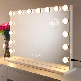 HOMPEN Vanity Mirror Makeup Mirror with Lights,Large Hollywood Lighted Vanity Mirror with 15 Dimmable LED Bulbs,3 Color Modes, Touch Control for Dressing Room & Bedroom, Tabletop or Wall-Mounted