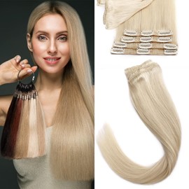 #60 Platinum Blonde Clip in Human Hair Extensions 8 Pcs 100% Remy Hair Extension -Basic Thickness 24"-80g