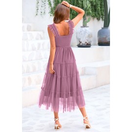 PRETTYGARDEN Women's Summer Midi Tulle Dress Sleeveless Smocked Square Neck Ruffle Flowy Party Wedding Guest Sundress (Grey Purple,Medium)