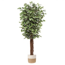 plant Artificial Ficus Tree 6ft in Pot Fake Silk Plant with Green White Leaves Natural Trunk for Indoor Outdoor Home Garden Decor
