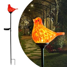 LaElvish Garden Hand Blown Glass Solar Powered Garden Stake Lights Outdoor, Waterproof Cute Animal Outdoor Figurine Lights Christmas Decorations for Pathway, Patio, Birthdays Gift for Mom, Red Bird