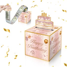 ISOVF Birthday Money Box for Cash Gift, Pink Rose Gold Birthday Money Gift Ideas, Happy Birthday Money Pull Box & Cash Holder, Party Decor & Supplies-A06