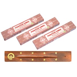 Original Satya Positive Vibes Incense Sticks Pack of 3X 15G with Greensense Holder for Aromatherapy, Spa, Yoga, Weddings, Meditation, Healing, Positivity and Relaxation