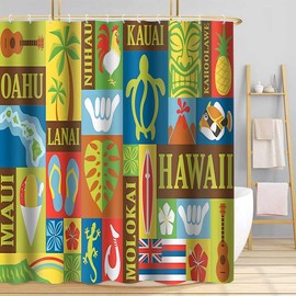 TPMDFC Hawaii Shower Curtain, Retro Hawaiian Exotic Tiki Bathroom Shower Curtains, Tropical Aloha Theme Bathroom Curtains Decor Set with 12 Hooks, 72x72inch YLOKTP0634