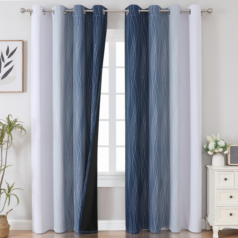 Estelar Textiler Navy Blue and Greyish White Blackout Curtains 108