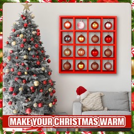 Cinnvoice Wooden Christmas Ornament Displays Rack, 16" x 16" Hanging Red Stand Holder Hanger with 16 Compartments for Christmas Ball, Display Shelf Cabinet for Craft Bauble Decorations Gift