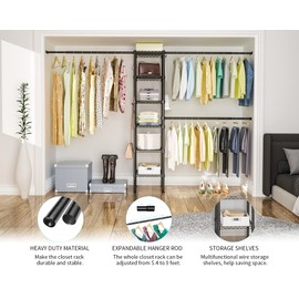 Ulif M1 Closet Storage Organizer System, 6 Tiers Heavy Duty Metal Garment Rack with 3 Expandable Hanger Rods, Wall Mounted Space Saver Suits from 5.4-8.7 ft. Width, 71.2”H x 14”D, 700LBS, Black