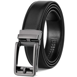 Founders & C Men's Leather Ratchet Comfort Click Belt Dress with Slide Buckle -Adjustable Trim to Fit (28"-42" Waist Adjustable, Bright Gun Buckle W Classic Black Leather)