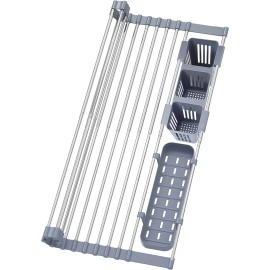 BBXTYLY Expandable Roll up Dish Drying Rack up to 22.8''With 2 Storage Baskets,Over The