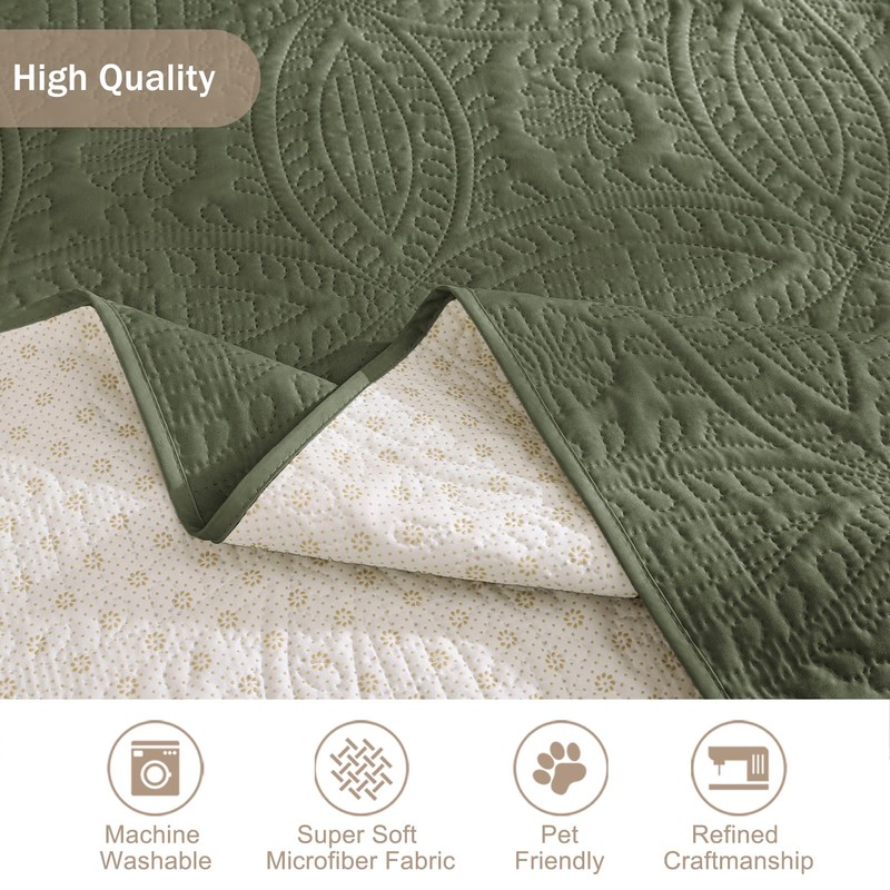Quilted Olive Green Sofa Slipcovers with Pockets, Anti-Slip Medallion Couch
