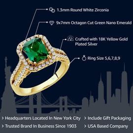Gem Stone King 18K Yellow Gold Plated Silver Green Simulated Emerald Ring For Women | 2.78 Cttw | Emerald Cut 9X7MM | Available in size 5, 6, 7, 8, 9