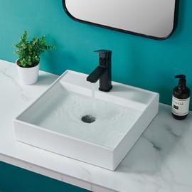 Bathroom Vessel Sink Rectangle,VALISY 17"x17" Above Counter Sink White Square Wall Mounted Hung Floating Sink Rectangular Porcelain Ceramic Modern Sink With Single Faucet Hole,2 Installation types