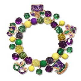 PHALIN Mardi Gras Charm Bracelets for Women, Carnival Beaded Stretch Bracelets Fleur De Lis Mask Crown Hat Charm Bracelets Mardi Gras Accessories Party Favors