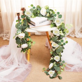 wintfarm 2Pcs 12FT Artificial Eucalyptus Flower Garland with Fake Rose Flower Vine Seeded Eucalyptus Leaves,Garlands for Home Decoration Wedding Arch Flowers Wedding Party Table Decor (White)