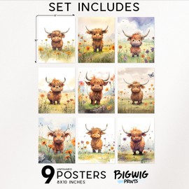 BigWig Prints Baby Highland Cow Nursery Wall Art - Highland Cow Nursery Decor, Baby Highland Cow Wall Art, Farm Nursery Decor, Highland Cow Baby Nursery, Highland Cow Picture - Unframed 9 Pack (8x10)