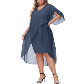 Women's Chiffon Two Piece Cocitail Dress Flowy 3/4 Sleeve Mother of The Bride Layered Dress for Party Grey Blue L