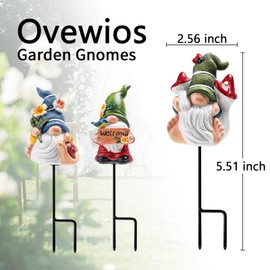 Ovewios Garden Gnome Statue, Resin Miniature Gnome Set of 3PCS, Figurine with Garden Stakes for Lawn Patio Yard Outdoor Home Decor