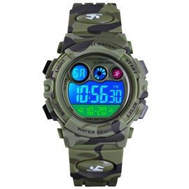 Alienwork Digital Children's Watch Girls Waterproof 5 ATM, Camouflage Green/Army Green Black/Rubber Band Camouflage Green, Strap.