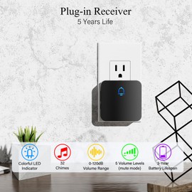 Wireless Doorbells for Home with 2 Plug-In Receivers, Waterproof Door Chime at Over 1300 Feet,Door Bell Ringer Wireless,With a Maximum Volume of 120 dB, Adjustable Volume and LED Flash