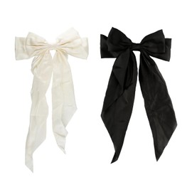 Tabanzhe Big Bow Hair Clips-2PCS Solid Color Bow Automatic Hair Clip with Long Silky Satin Tail Large Bowknot Hairpin French Hair Bows Hair Barrettes Accessories for Girls Women(Black,White)