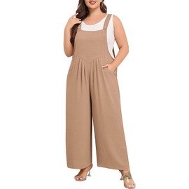 Lastshe Plus Size Jumpsuit for Women Casual Wide Leg Overalls Loose fit Adjustable Maternity Rompers with Pockets 2024,Khaki,1X