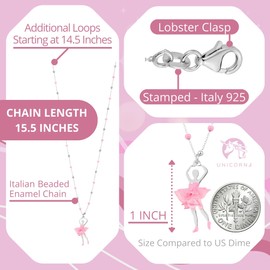 UNICORNJ Sterling Silver Ballerina Ballet Dancer Necklace for Girls Dance Recital Gift Pink Tulle Fabric Tutu and Enamel on Beaded Chain 15.5"