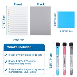 Yoption 3pcs Dry Erase to Do List 5''x7'', 8pcs Dry Erase Sticky Notes 4''x4'' and 3 Markers, Set of 14, Reusable Whiteboard Stickers Lined Stickies Planner for Wall, Fridge, Mirror, Desk, Glass