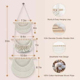 Hanging Fruit Basket, 3 Tier Detachable Wall Hanging Basket Shelves Over the Door Organizer for Fruit Vegetable Plant, Beige Boho Cotton Rope Crocheted Fruit Holder for Kitchen Bathroom Bedroom Van