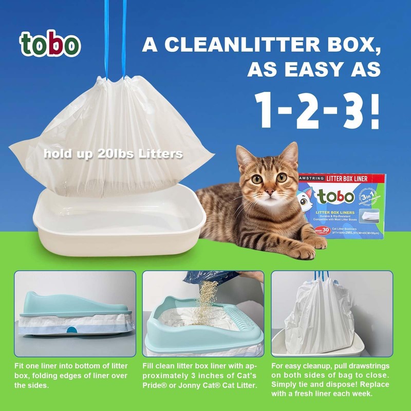 Tobo Cat Litter Box Liners, 30 Count, 2 Mil Extra-Durable