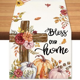 Cloudfomila Fall Cross Pumpkin Table Runner Dahlia Bless Our Home Table Runners, Autumn Harvest Thanksgiving Seasonal Coffee Table Center Decor for Home Kitchen Dining Party Indoor Outdoor 13x108 Inch