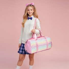 Dance Bag Girls Duffle Bag Gymnastics Bag for Girls Overnight Bag Sleepover Bag with Shoe Compartment and Wet Pocket, Pink Heart