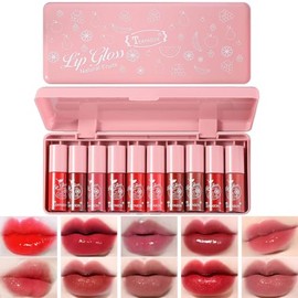 Qifylmaf 10 Colors Lip Tint Stain Set, Korean Plumping Lip Gloss Watery Lip Stain (Pink Box)