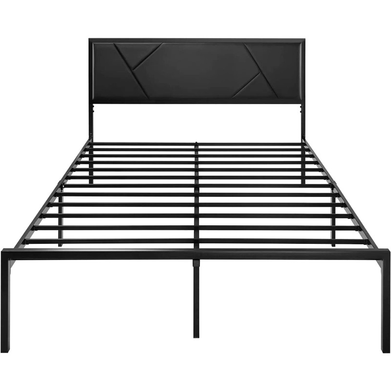 Lov4ever Metal Bed Frame with Geometric Litchi Grain Leather Headboard,