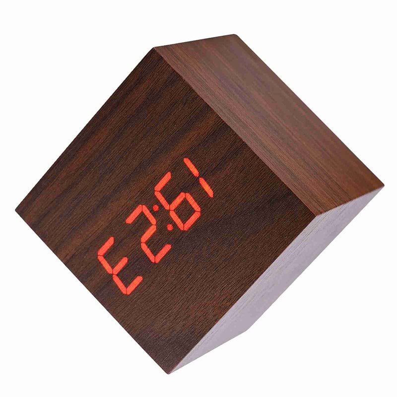 6x6x6cm Wooden Electronic Digital Alarm Desk Clock Temperature LED Display