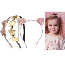 LYXOTO Silk Headbands for Girls and Children, Glitter Headbands with Bow, Heart, Star Designs (3 Pack)
