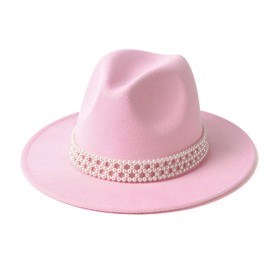 HUDANHUWEI Womens Wide Brim Fedora Hat with Pearl Band Lady Panama Hat, Pink, Medium