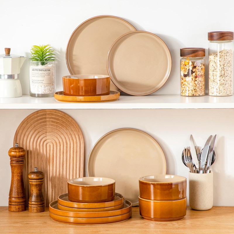 vancasso ONION Ceramic Plates and Bowls Sets, 12 Pieces Brown
