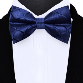 GUSLESON Navy Blue Bow Tie Pocket Square Set for Wedding Pre-Tied Silk Plaid Checkered Bowties Handkerchief Cufflinks for Men (0494-15)