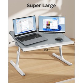 Laptop tray, SAIJI 60*45cm Table lap for bed, Multi-purpose Premium Lapdesk, Height Angle adjustable, with Book Stand, Drawer, Tablet slot, for Eating, Working, Writing, Gaming, Drawing (Light Grey)