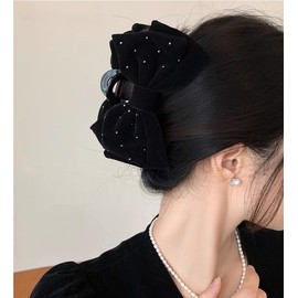 Hair Clips, Large Bows, Tight, Velour Type, Rhinestones, Hair Clips, Large Bowtie (Black)