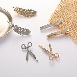 6 Pcs Rhinestone Hair Clips, Womens Crystal Bobby Pins HairPin, for Bridal Wedding Hair Accessories, Feather, Scissors, Comb Design, Gold and Silvery