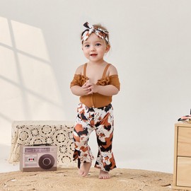 Lefyira Cow Print Bell Bottoms Baby Girl Off Shoulder Short Sleeve Romper Rib Knit Button Bodysuit Flare Pants Headband Outfit (Brown, 12-18 Months)