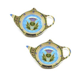 Royal Tara Ceramic Set of 2 Tea Bag Holders Kitchenware Present Teapot Shaped Resting Caddy Scottish Symbol Housewarming Gift 4" Diameter Scotland (Thistle)