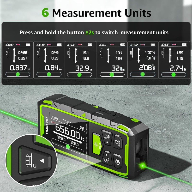 Huepar Dual Laser Measuring Tool, 656Ft Green-Beam Bilateral Digital Laser